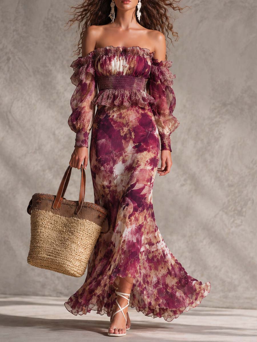 Women's Rose Pink Floral Off-Shoulder Chiffon Maxi Dress