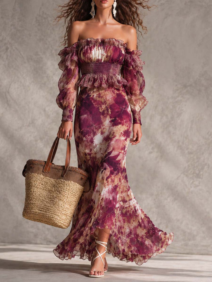 Women's Rose Pink Floral Off-Shoulder Chiffon Maxi Dress