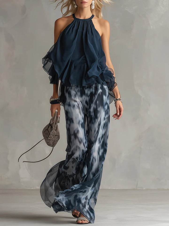 Women's Navy Halter Neck Top And Printed Wide-leg Pants Chiffon Set
