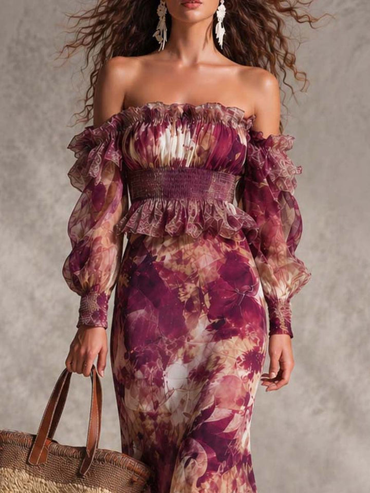 Women's Rose Pink Floral Off-Shoulder Chiffon Maxi Dress