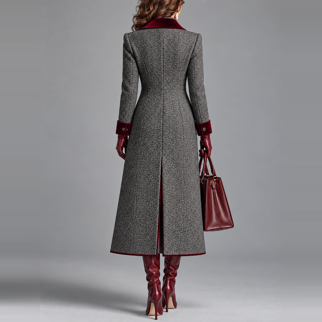 Winifred | Women's Herringbone Wool Long Coat with Velvet Trim