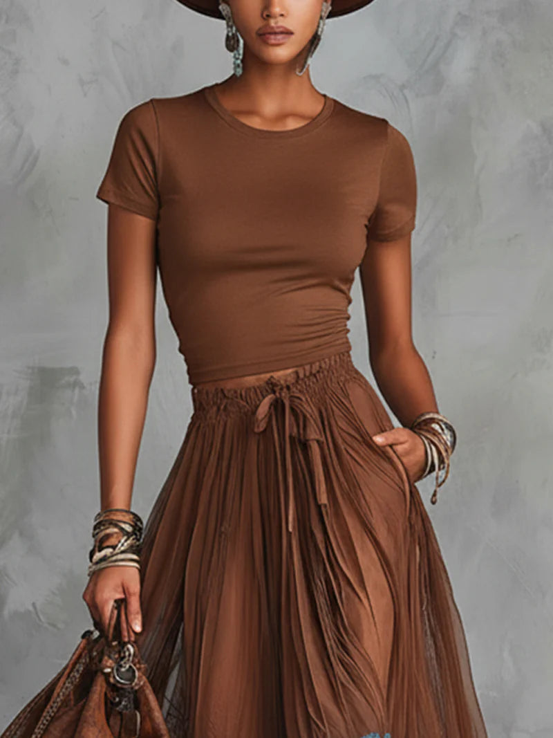 Brown-Blue Lace Tulle Skirt Set