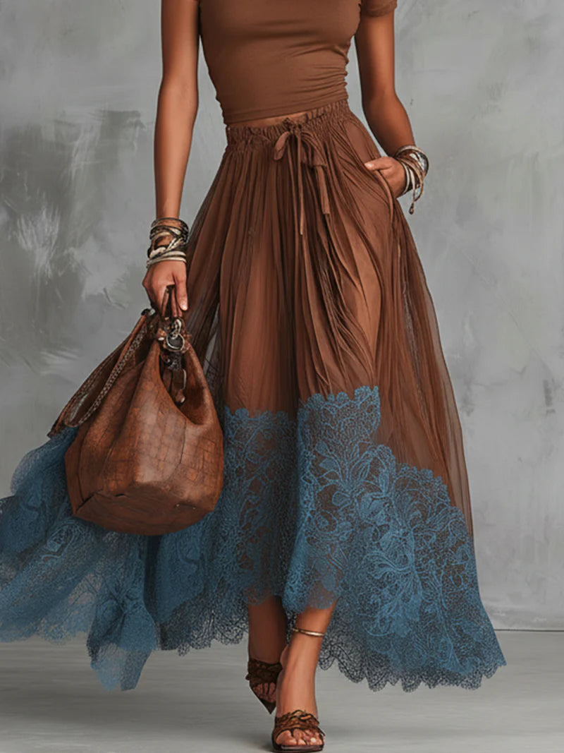 Brown-Blue Lace Tulle Skirt Set