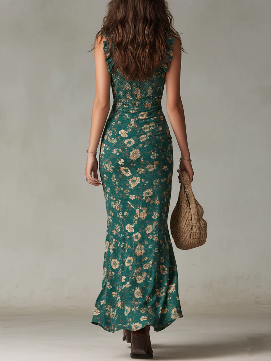 Women's Bohemian Green Printed Maxi Dress with Ruffled Sleeves