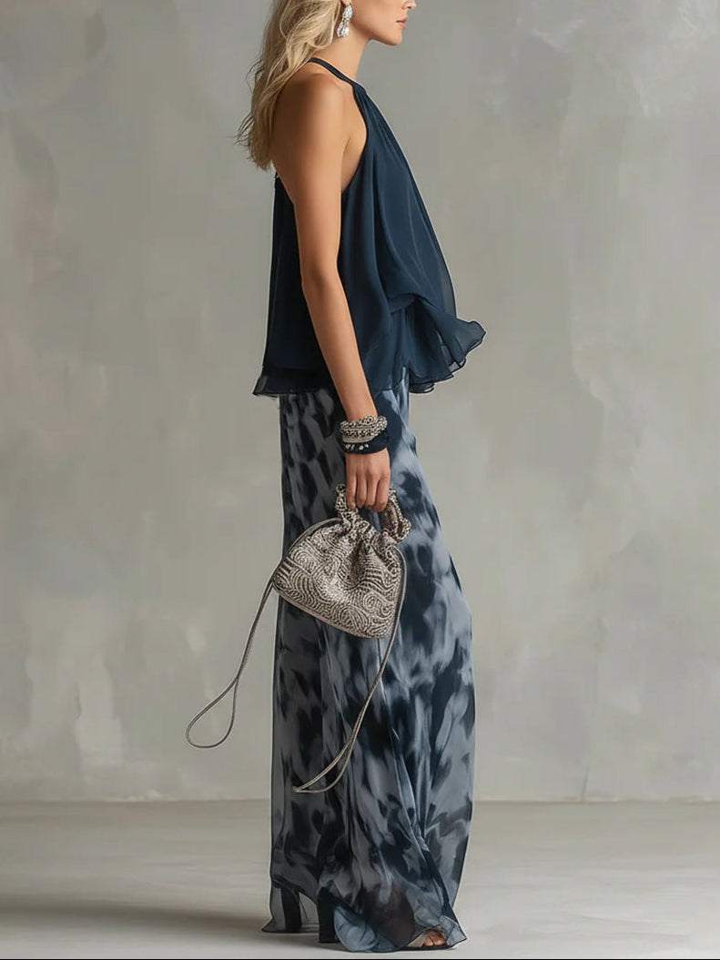 Women's Navy Halter Neck Top And Printed Wide-leg Pants Chiffon Set