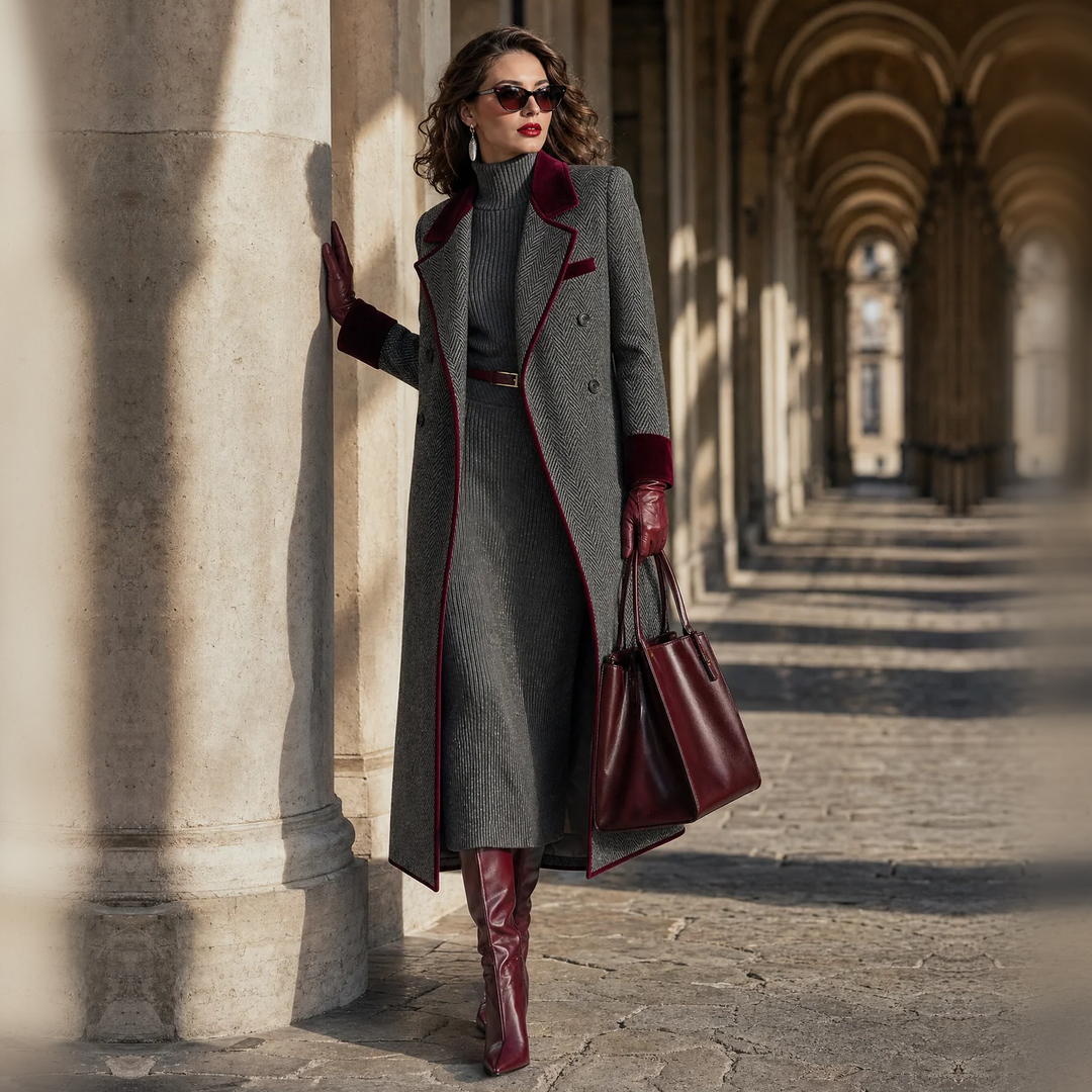 Winifred | Women's Herringbone Wool Long Coat with Velvet Trim
