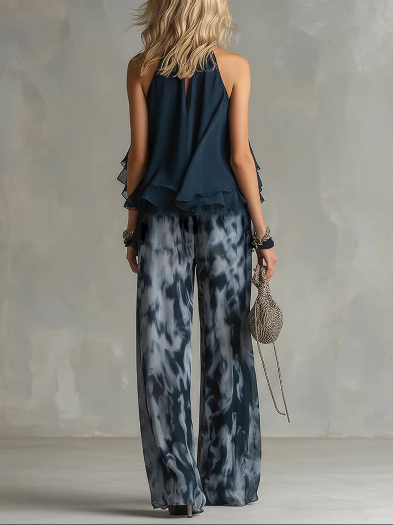 Women's Navy Halter Neck Top And Printed Wide-leg Pants Chiffon Set