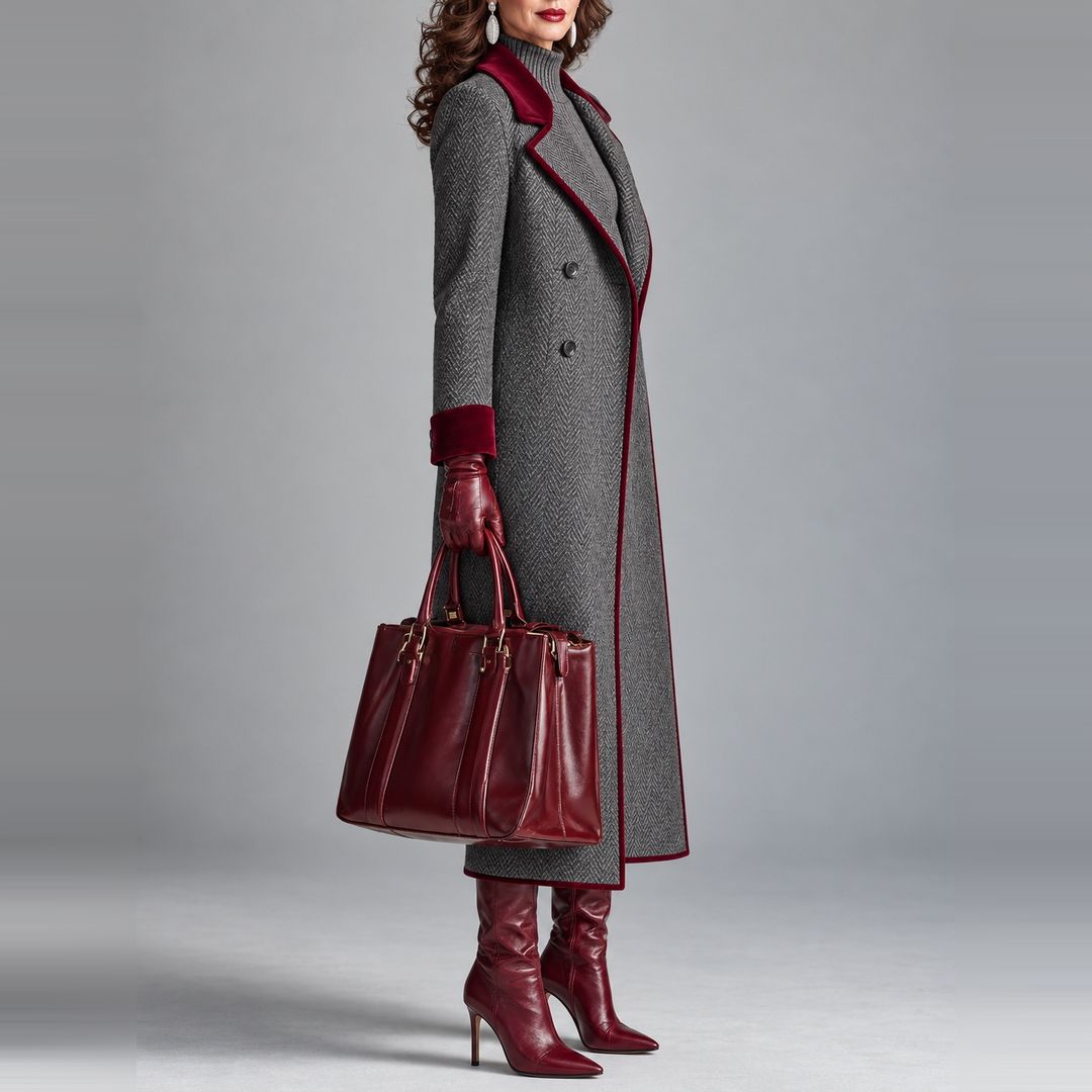 Winifred | Women's Herringbone Wool Long Coat with Velvet Trim