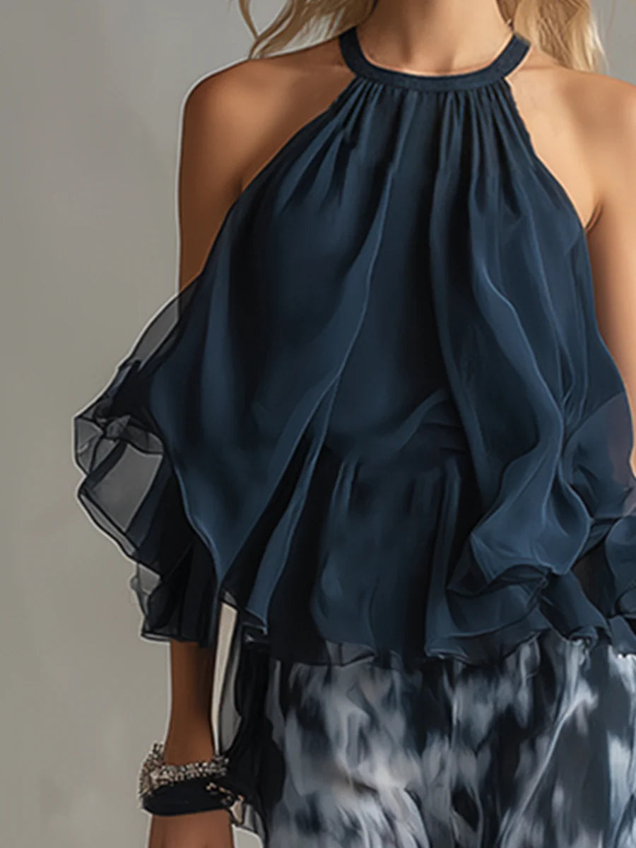 Women's Navy Halter Neck Top And Printed Wide-leg Pants Chiffon Set