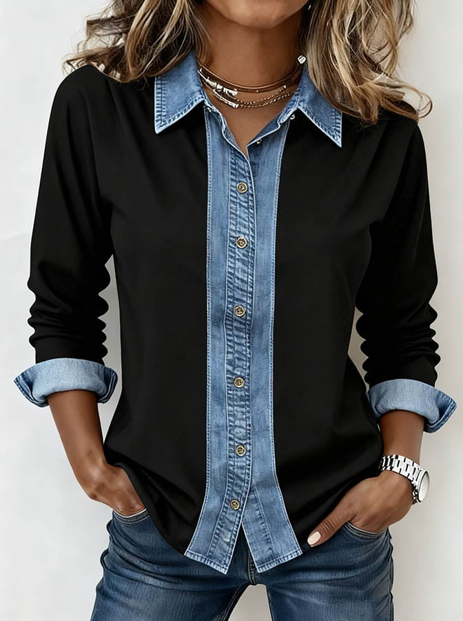 Women's Two-Tone Denim Trim Button-Up Shirt