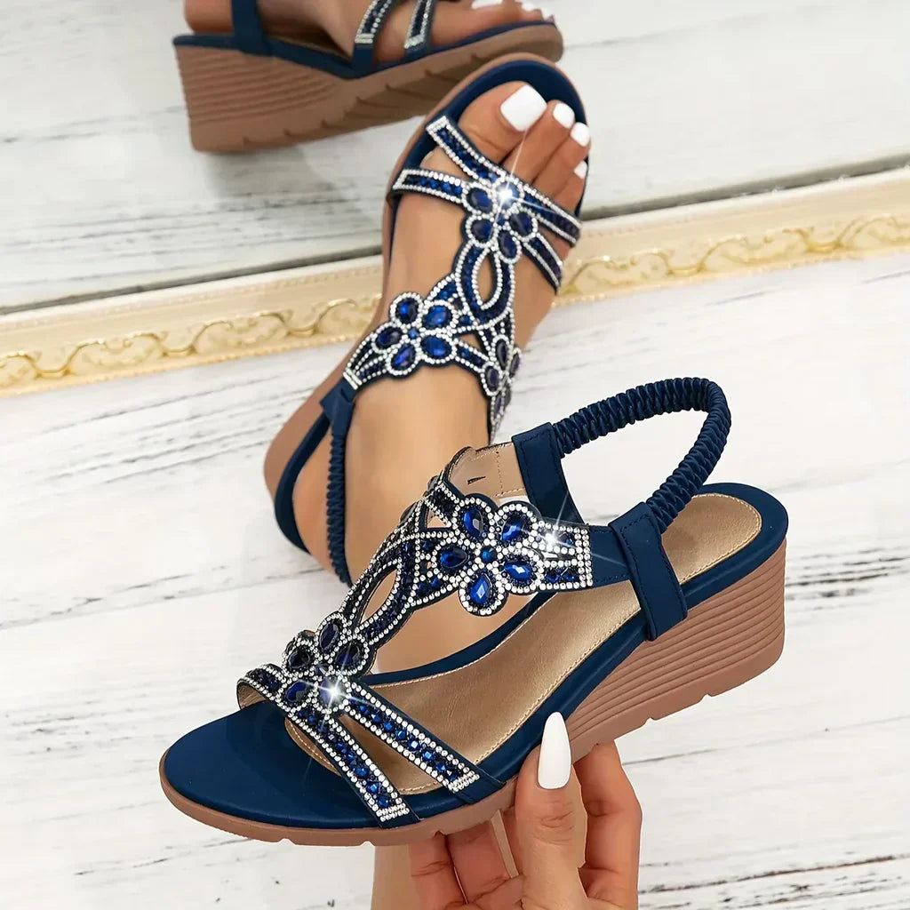 CRISTINA – Women’s Wedge Sandals with Floral Rhinestones