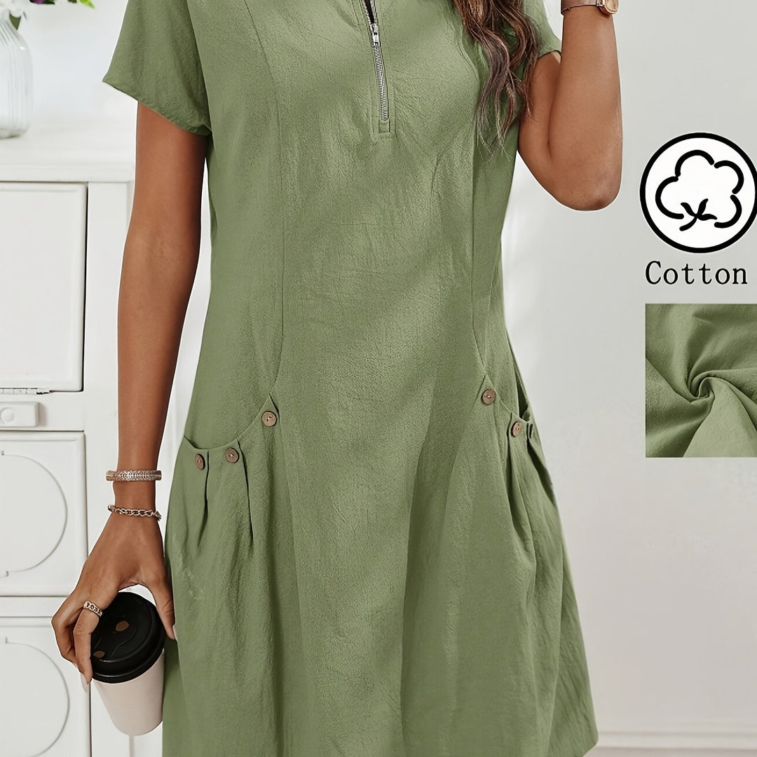 Women's Zipper Double-Pocket Summer Casual Dress