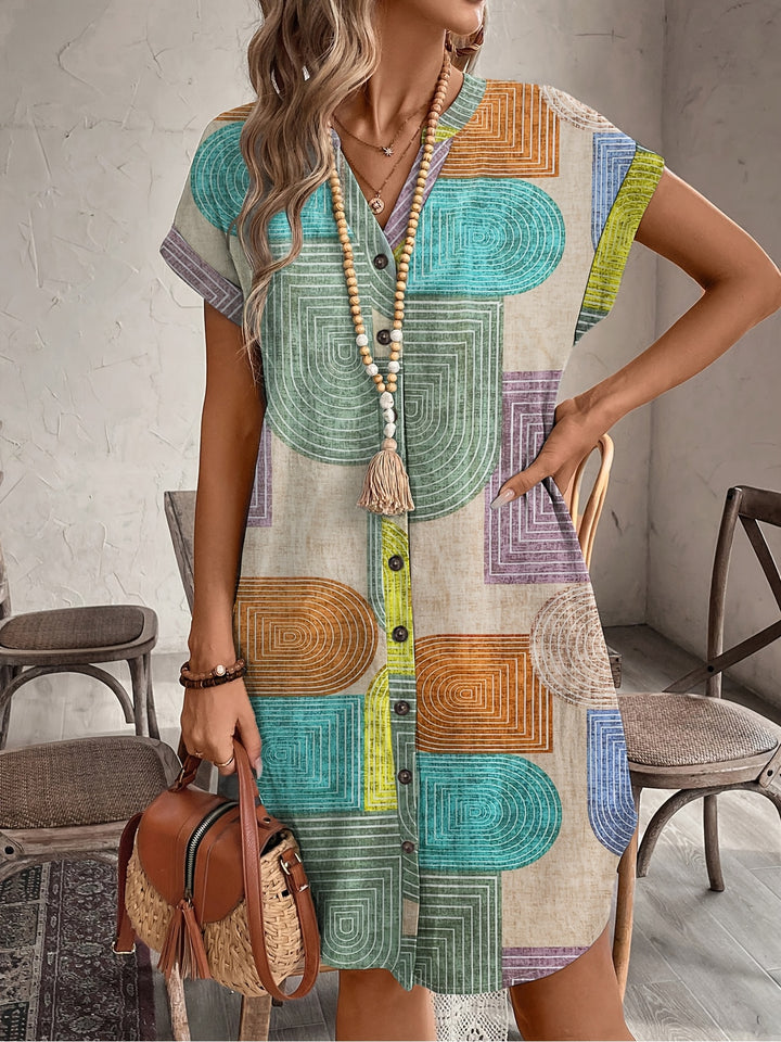 Women's Summer Printed Elegant V-Neck Button Dress