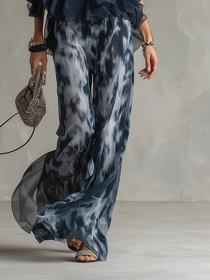 Women's Navy Halter Neck Top And Printed Wide-leg Pants Chiffon Set
