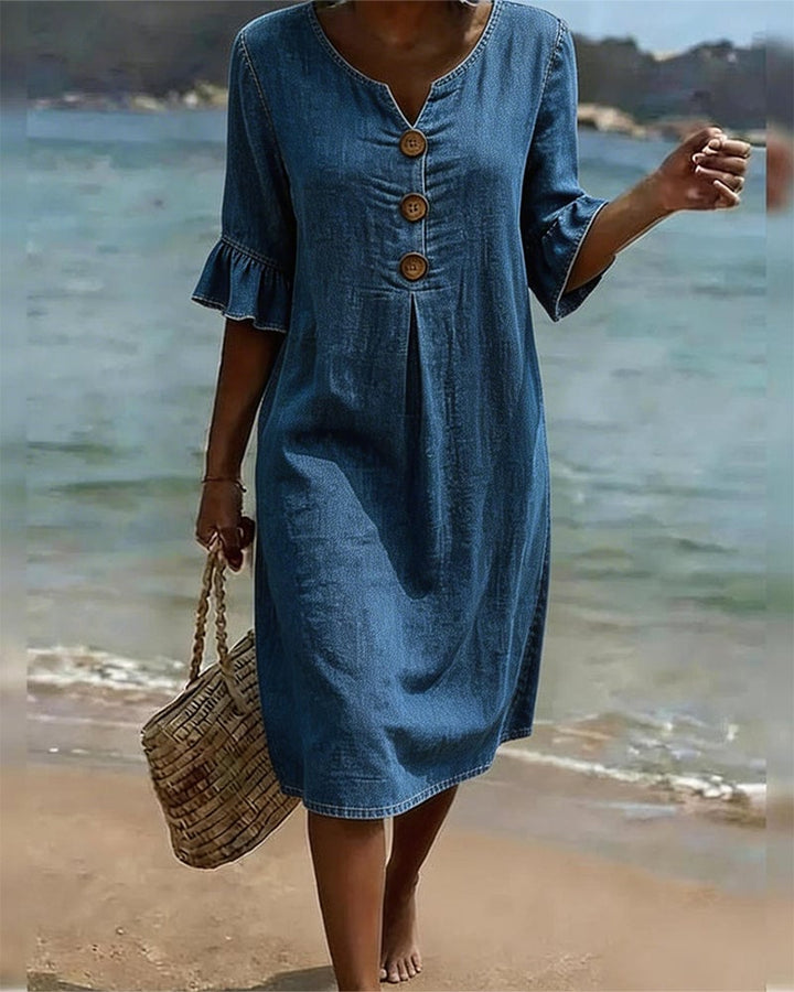 Aislinn | Denim Ruffle Sleeve A-Line Dress