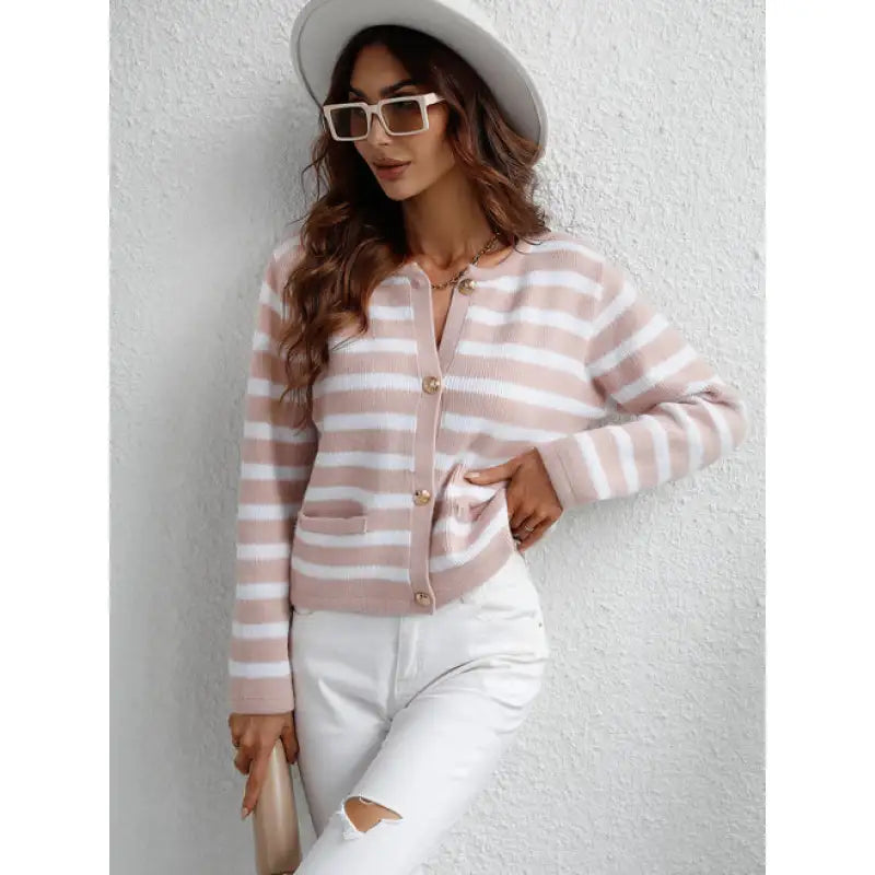 Women's striped button-up cardigan for a classic casual look