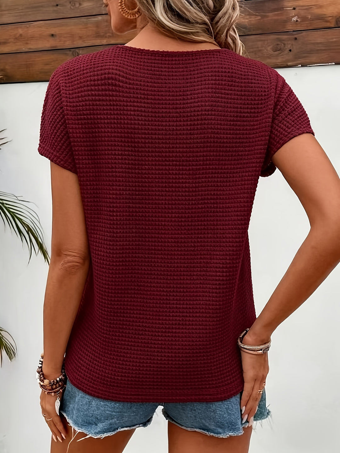 Women's Lace-paneled Waffle Short-sleeve T-shirt