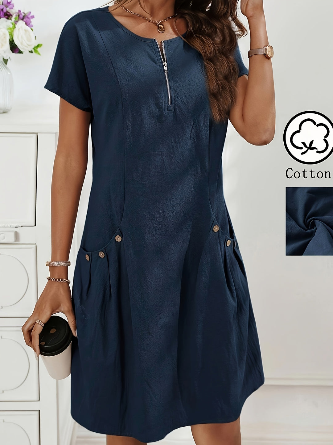 Women's Zipper Double-Pocket Summer Casual Dress