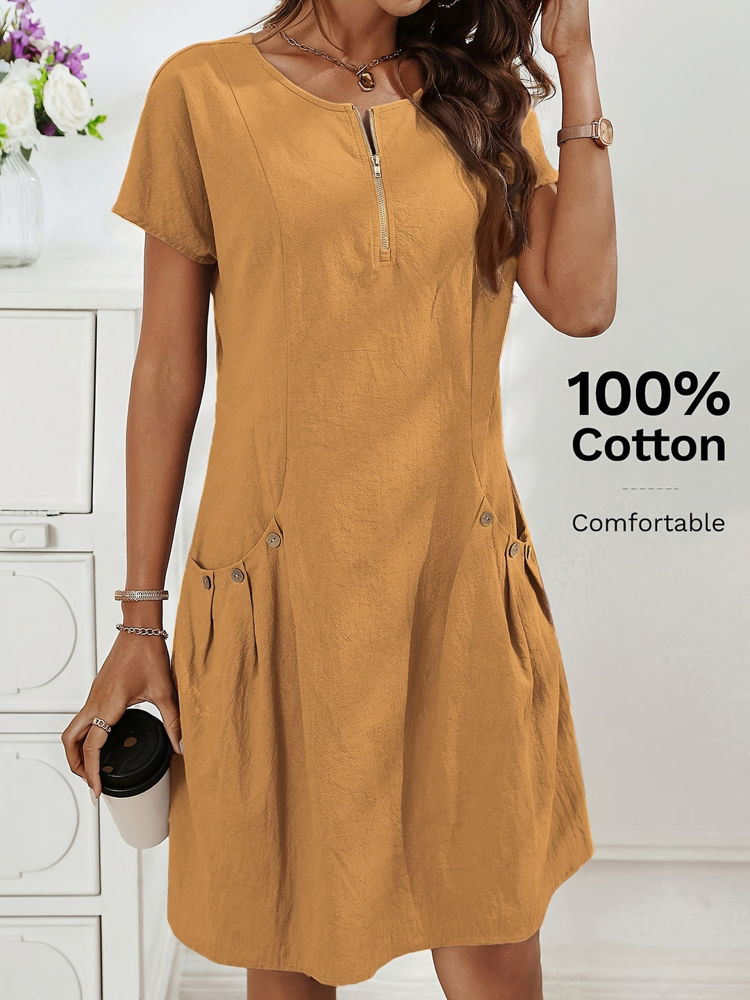 Women's Zipper Double-Pocket Summer Casual Dress