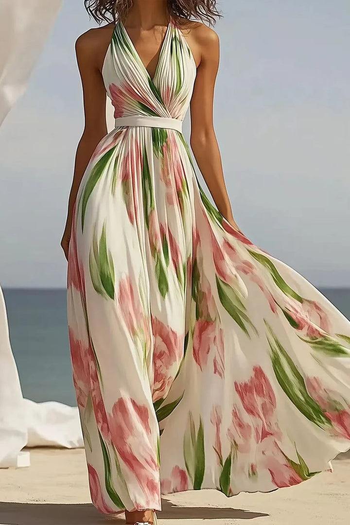 Everyday Beige Chiffon Floral Print Halter Wrap Maxi Dress