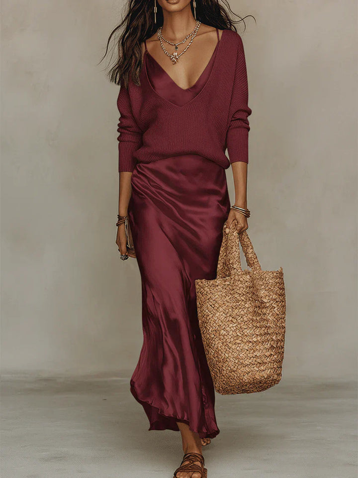 Women's Midi Satin Dress with Included Sweater