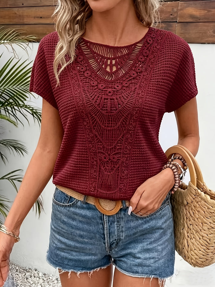 Women's Lace-paneled Waffle Short-sleeve T-shirt