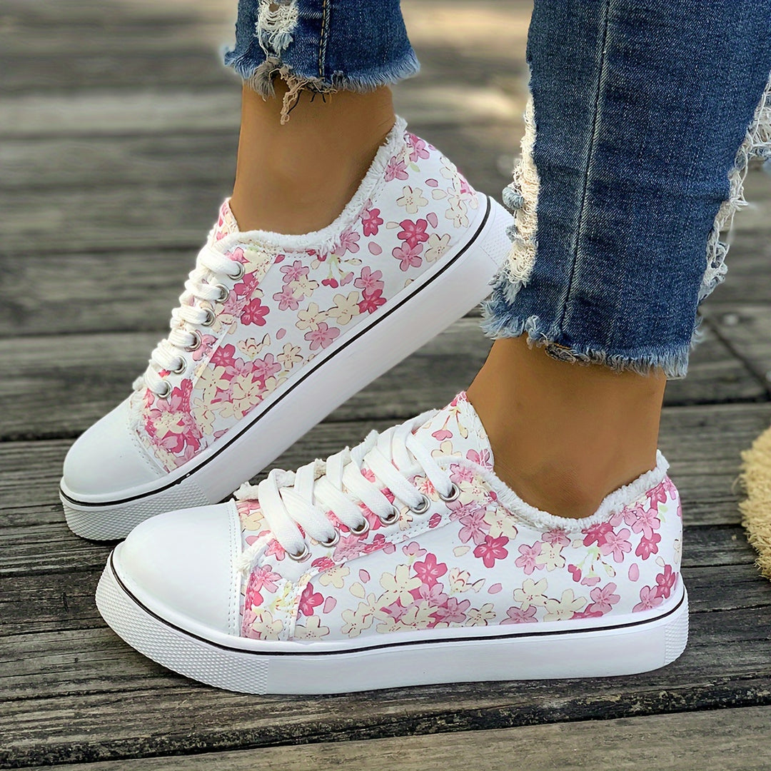 Women's Floral Printed Slip On Lace Up Canvas Sneakers