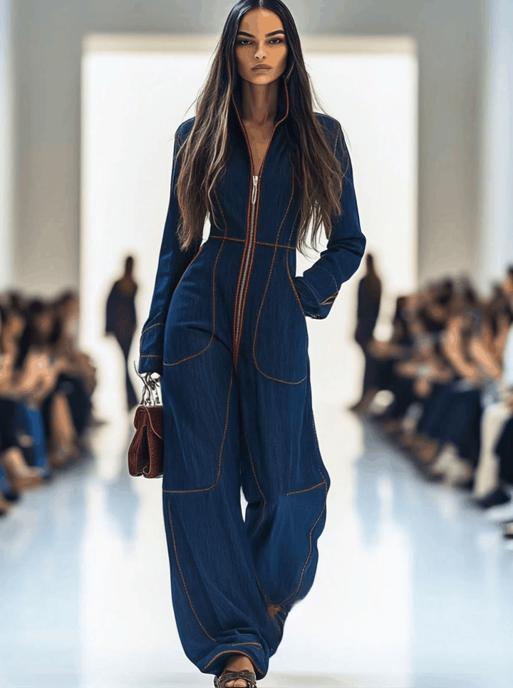 Casual Loose Retro Red Topstitched Denim Wide Leg Long Sleeve Jumpsuit