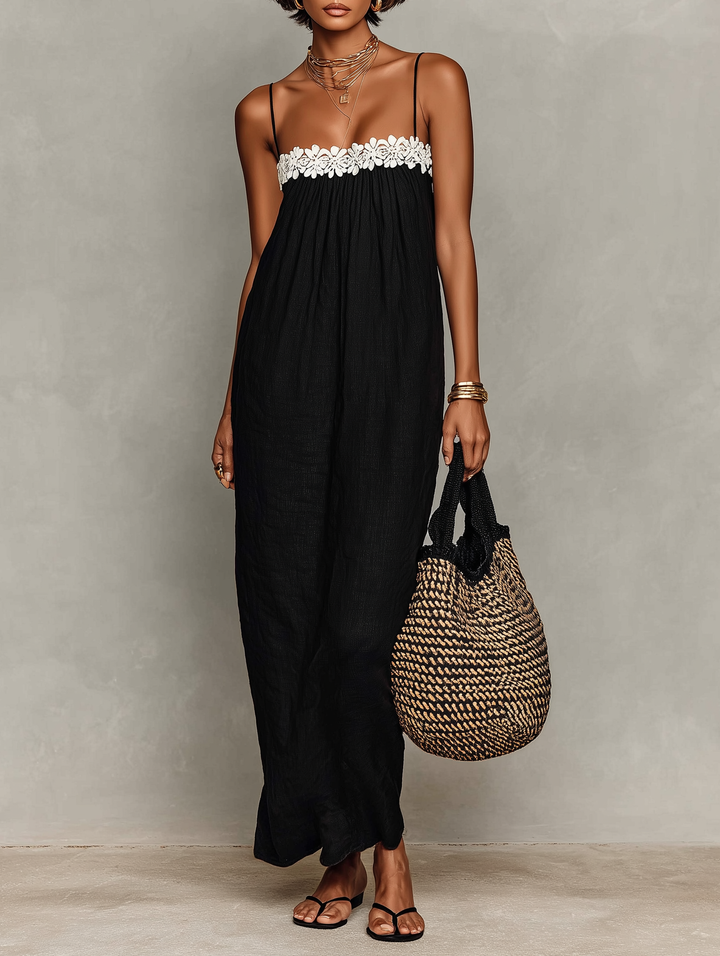 Minimalist Linen Blend Lace-Paneled Maxi Dress