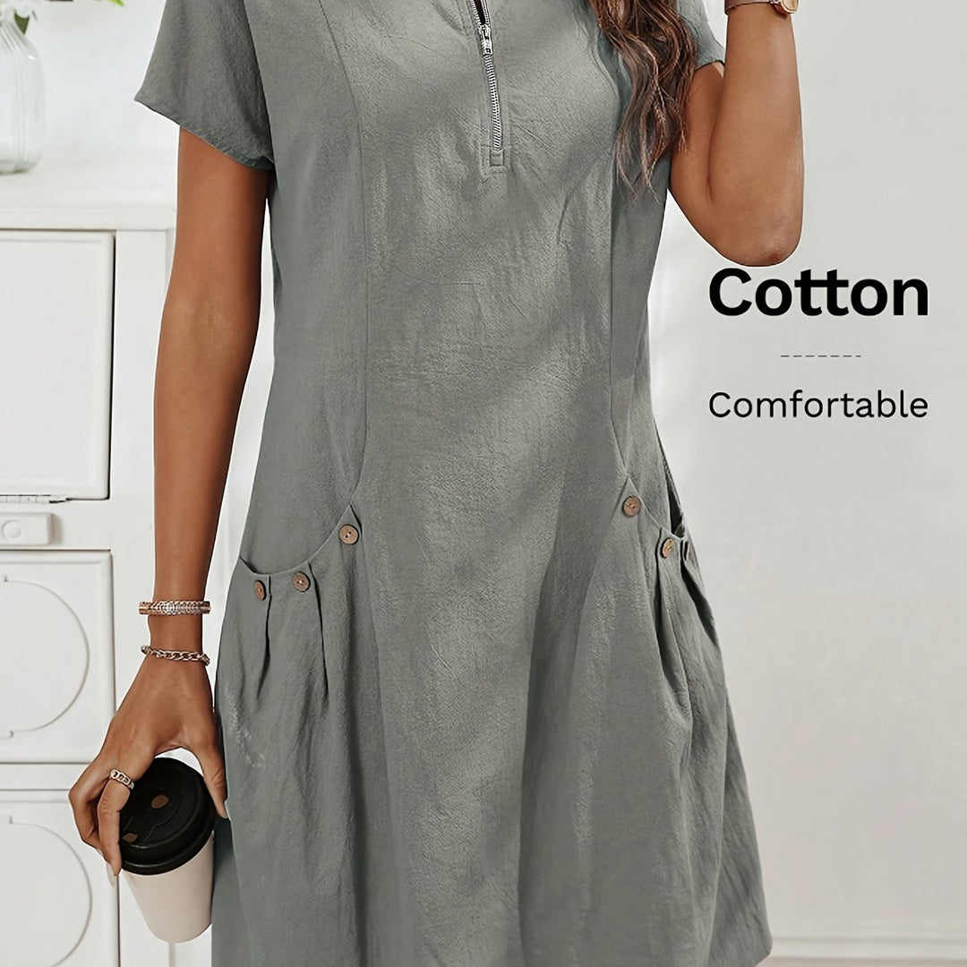 Women's Zipper Double-Pocket Summer Casual Dress
