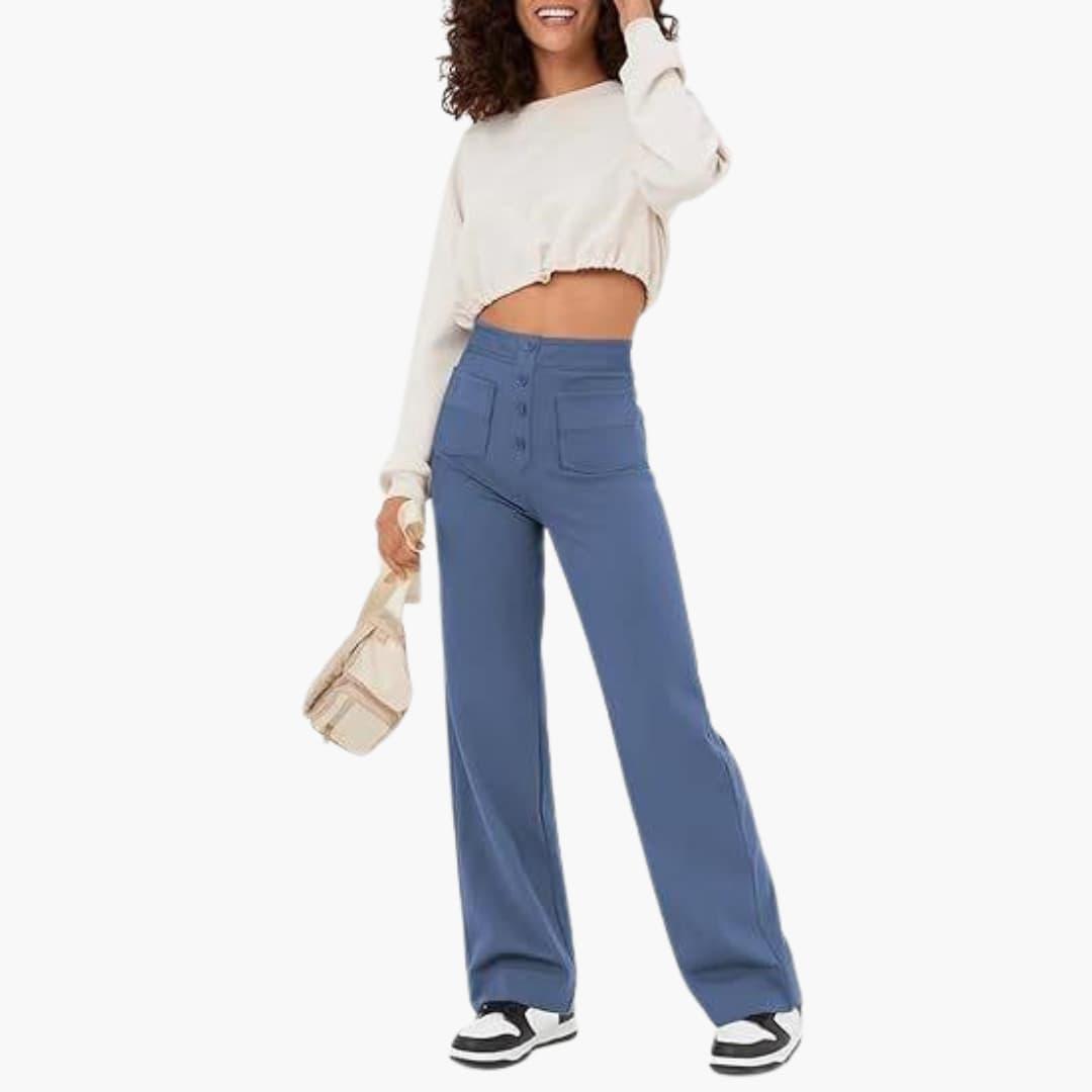 High Waist Palazzo Pants for Women with Button Placket – Stylish & Comfortable