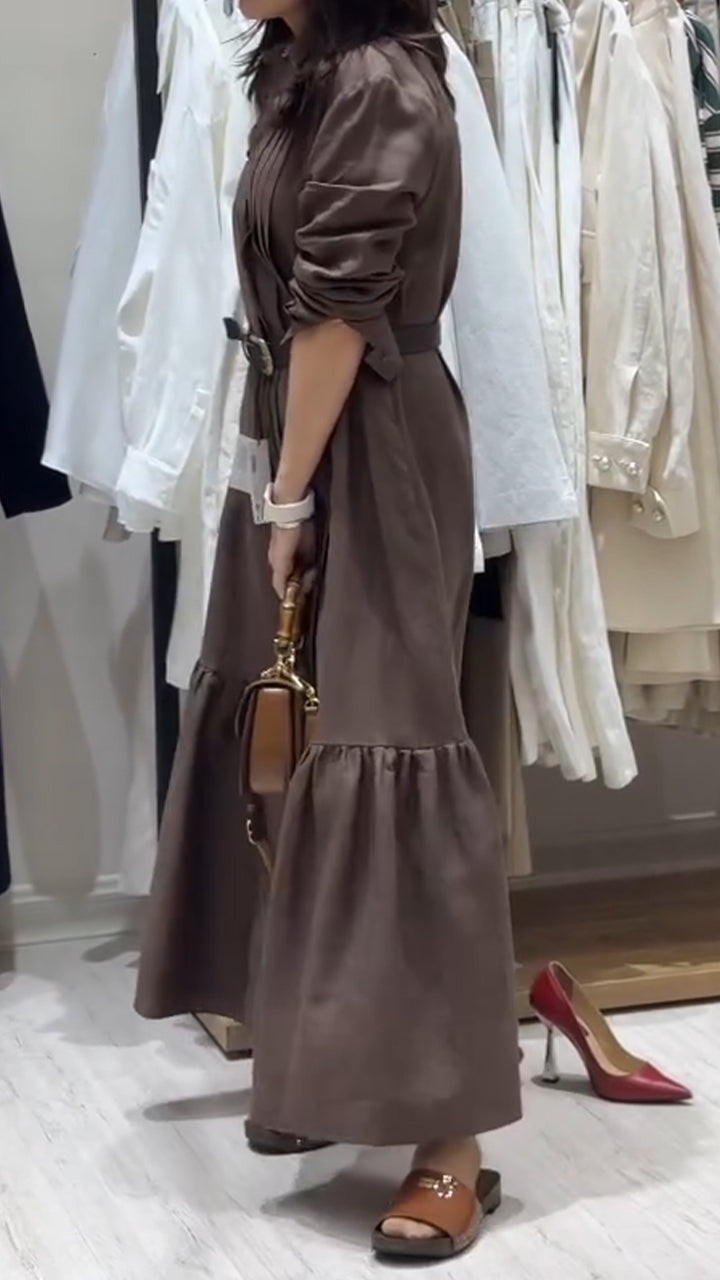 Lapel Belted Linen Shirt Dress
