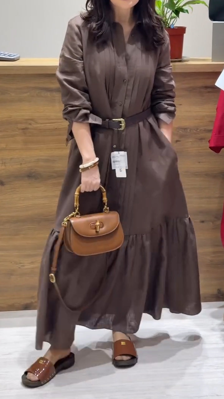 Lapel Belted Linen Shirt Dress