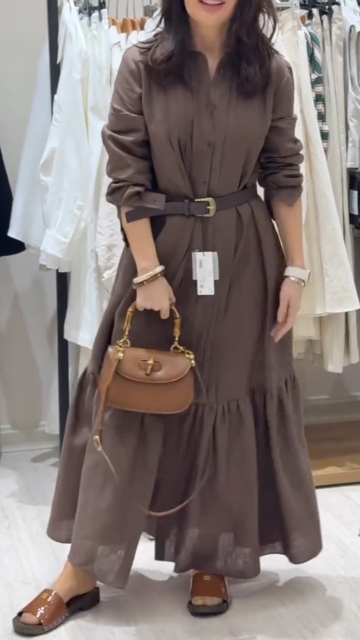 Lapel Belted Linen Shirt Dress