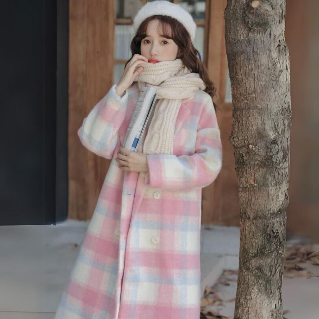 Rocio | Women's wool blend coat with pastel checks and double-breasted buttons