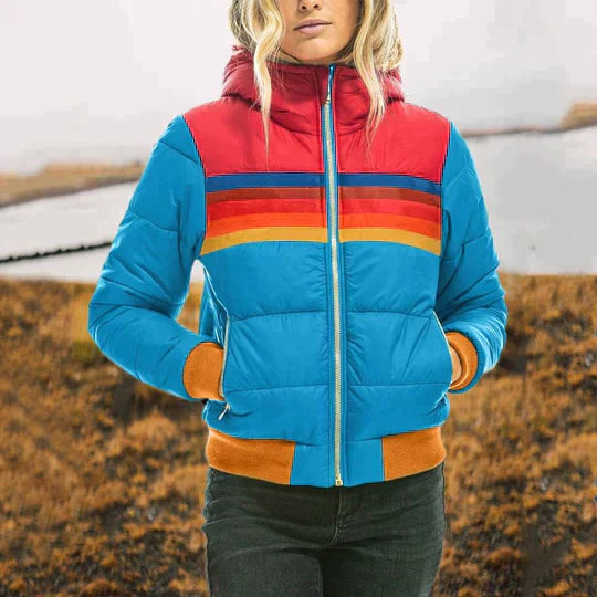 Women's Retro Color Block Puffer Jacket - Warm Winter Coat with Vintage Style
