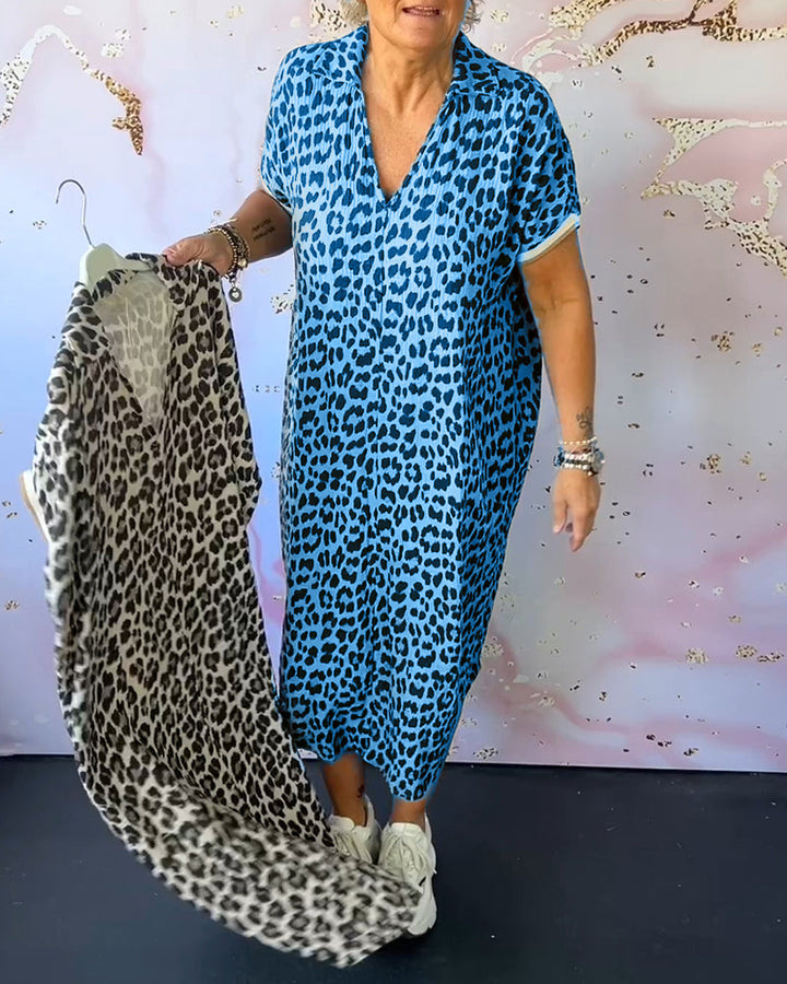 Short-Sleeved V-Neck Leopard Print Dress