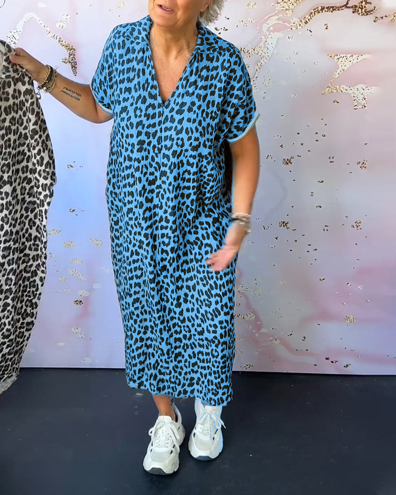 Short-Sleeved V-Neck Leopard Print Dress