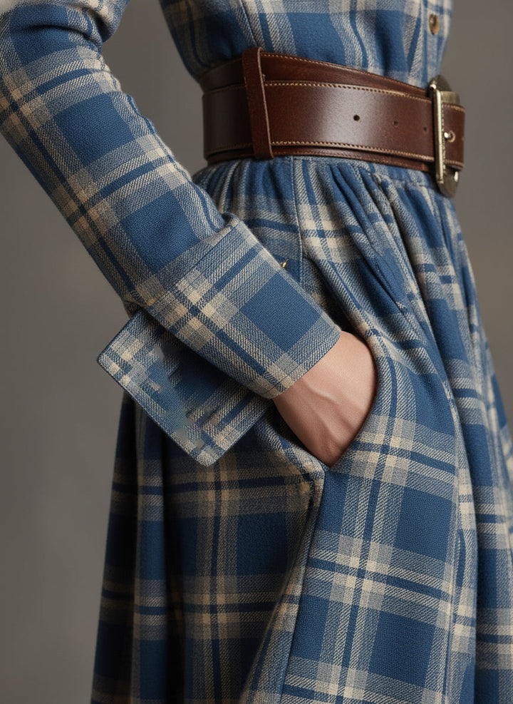 Retro Ethnic Style Lapel Reddish Brown Plaid Maxi Dress