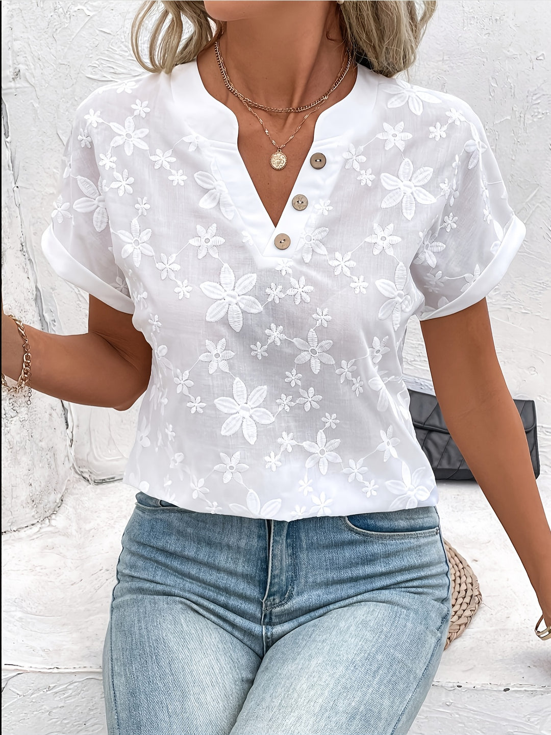 Women's Summer Floral Pattern V-Neck Batwing Sleeve Top