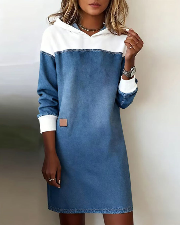 Women's Denim Patchwork Hooded Dress with Dropped Shoulders