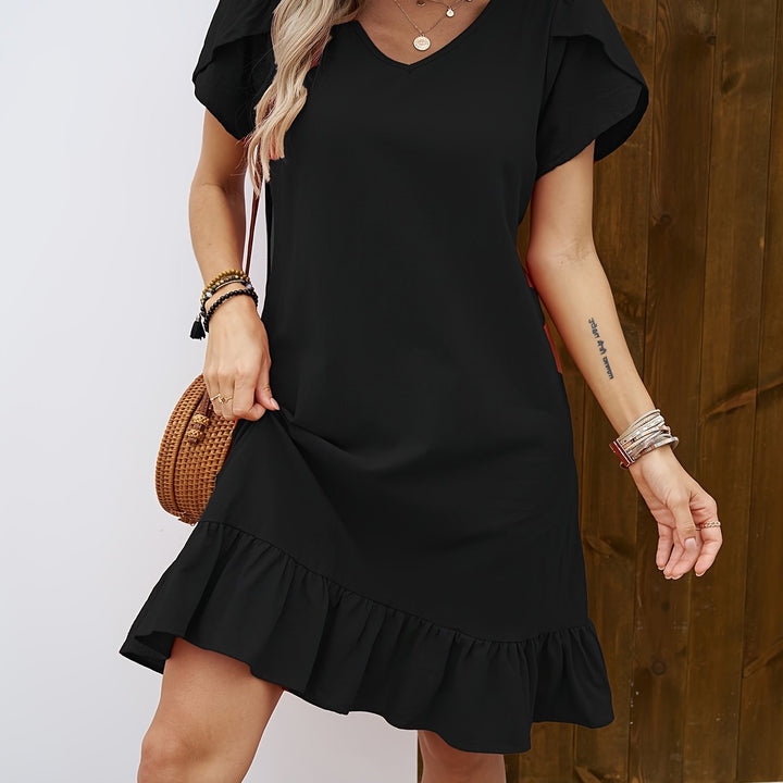Women's V-Neck Shell Sleeve Ruffle Dress