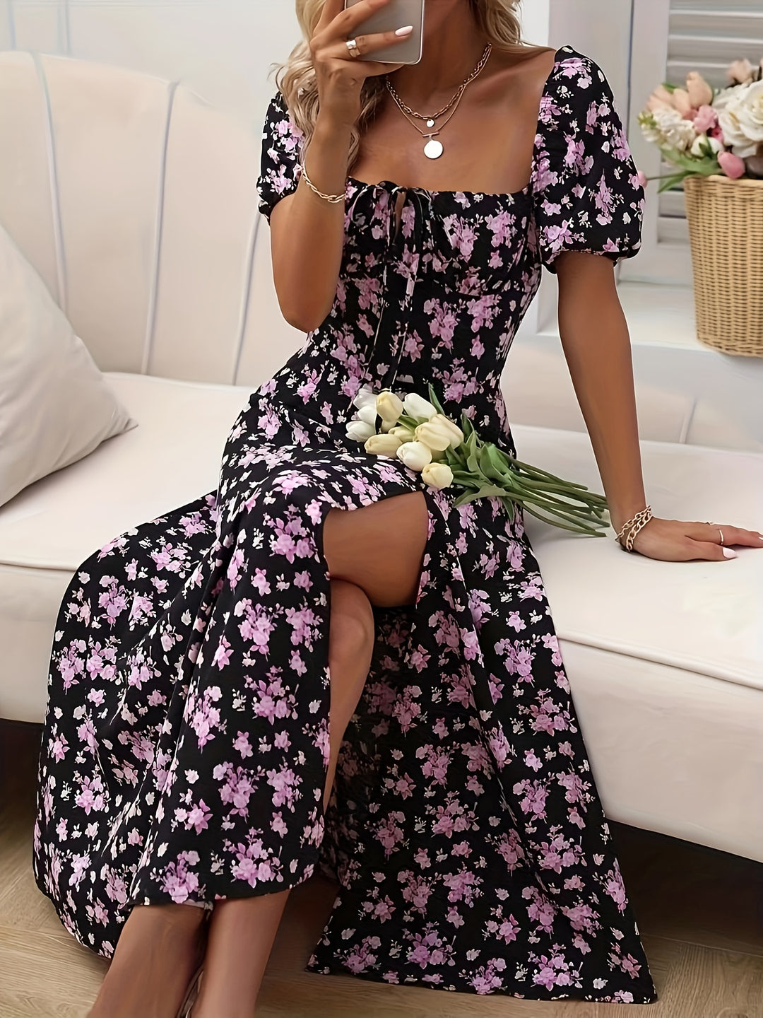 Women's Slit Floral Printed Summer Dress