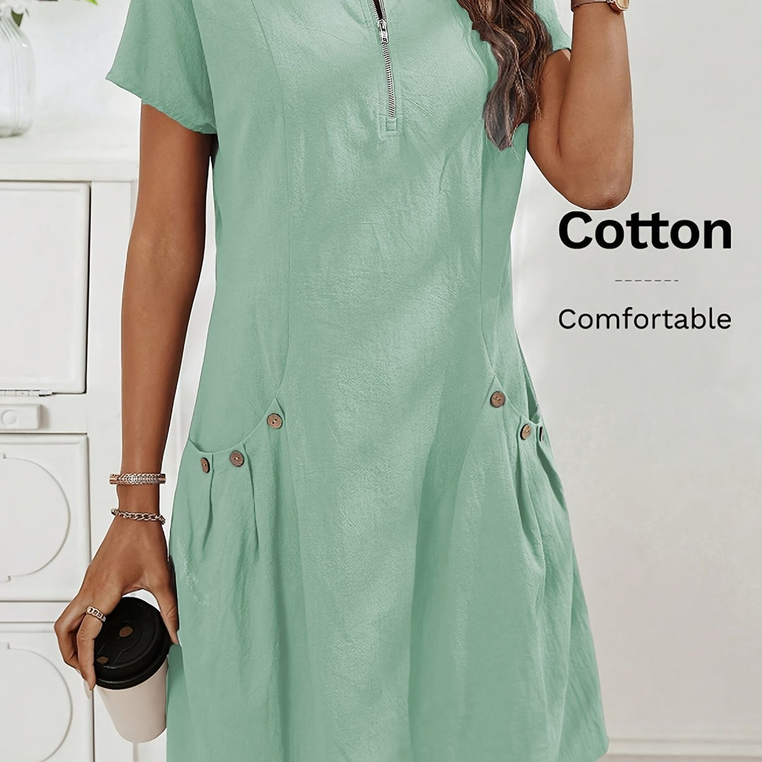 Women's Zipper Double-Pocket Summer Casual Dress