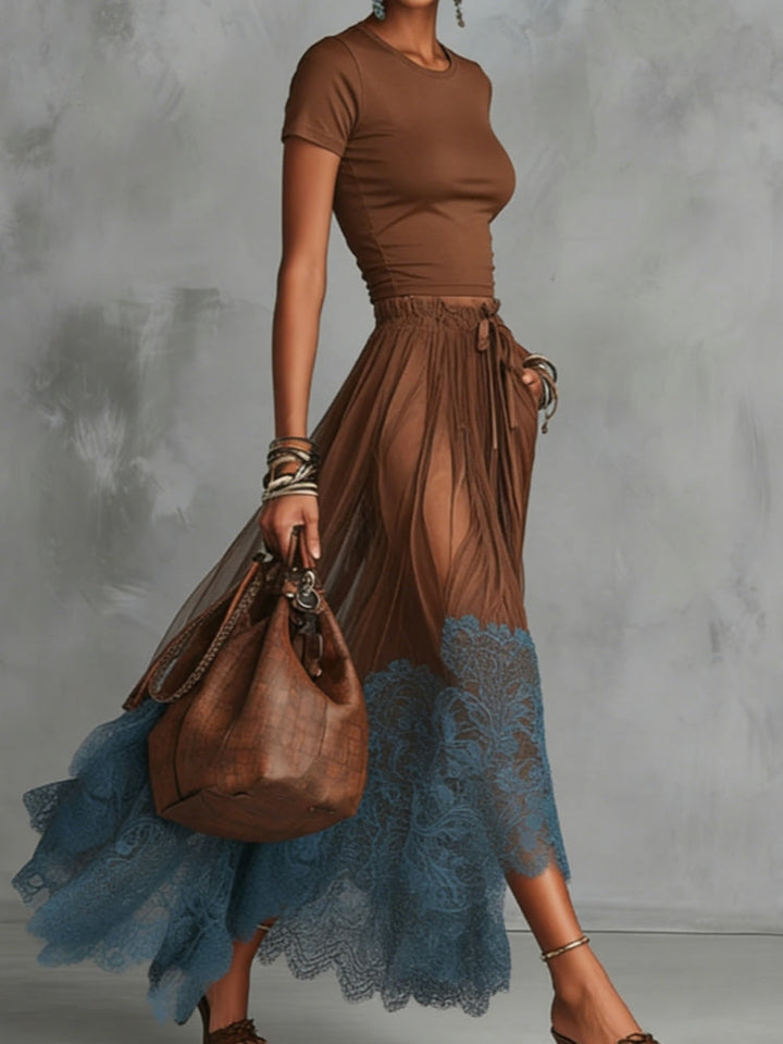 Brown-Blue Lace Tulle Skirt Set