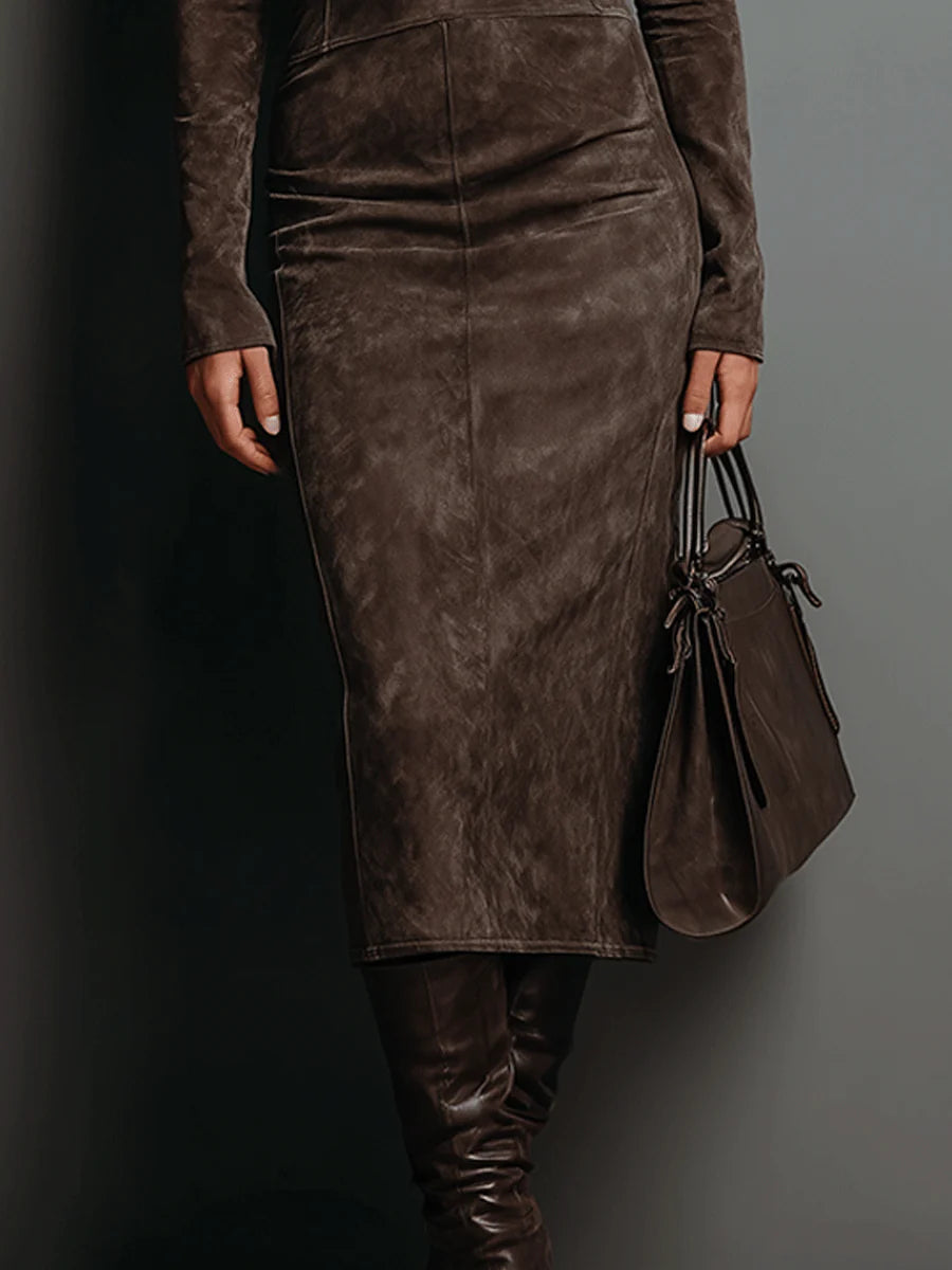 Lorena | Women's Fitted High Collar Suede Midi Dress