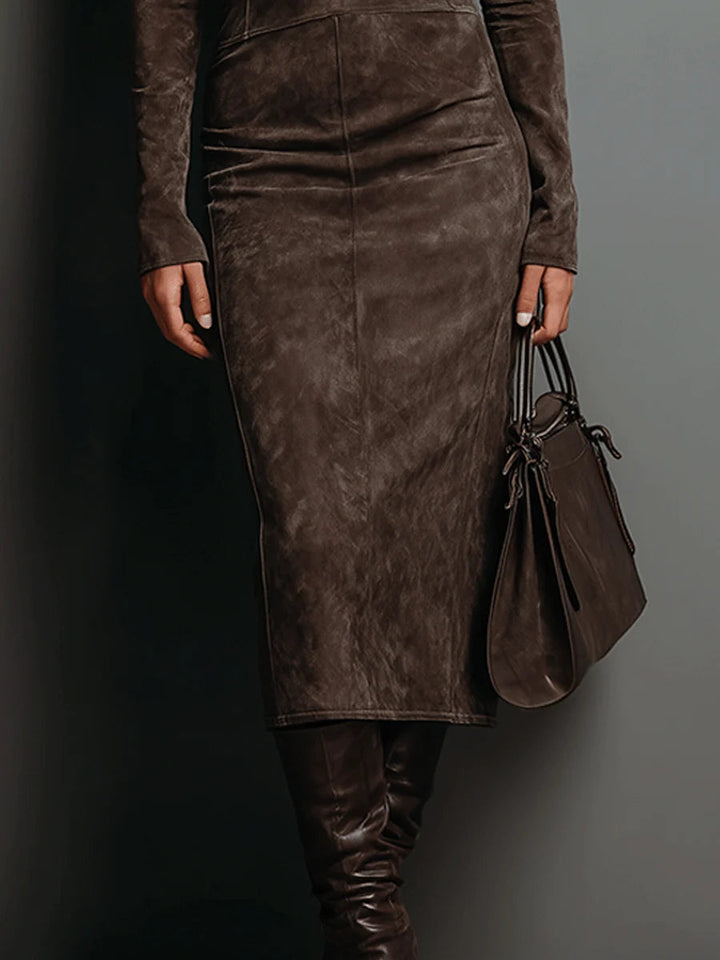 Lorena | Women's Fitted High Collar Suede Midi Dress