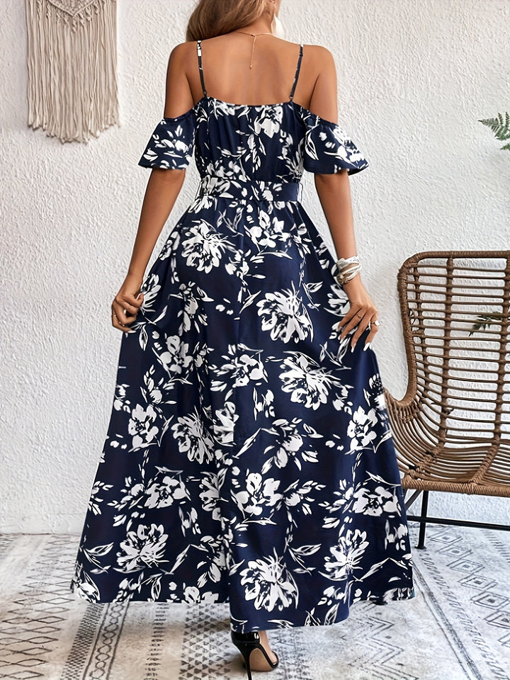 Women's High Slit Floral Print Sleeveless Dress