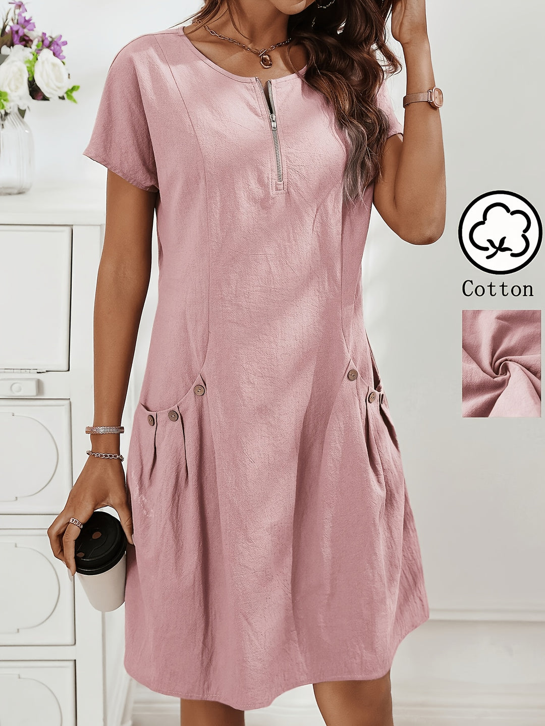 Women's Zipper Double-Pocket Summer Casual Dress