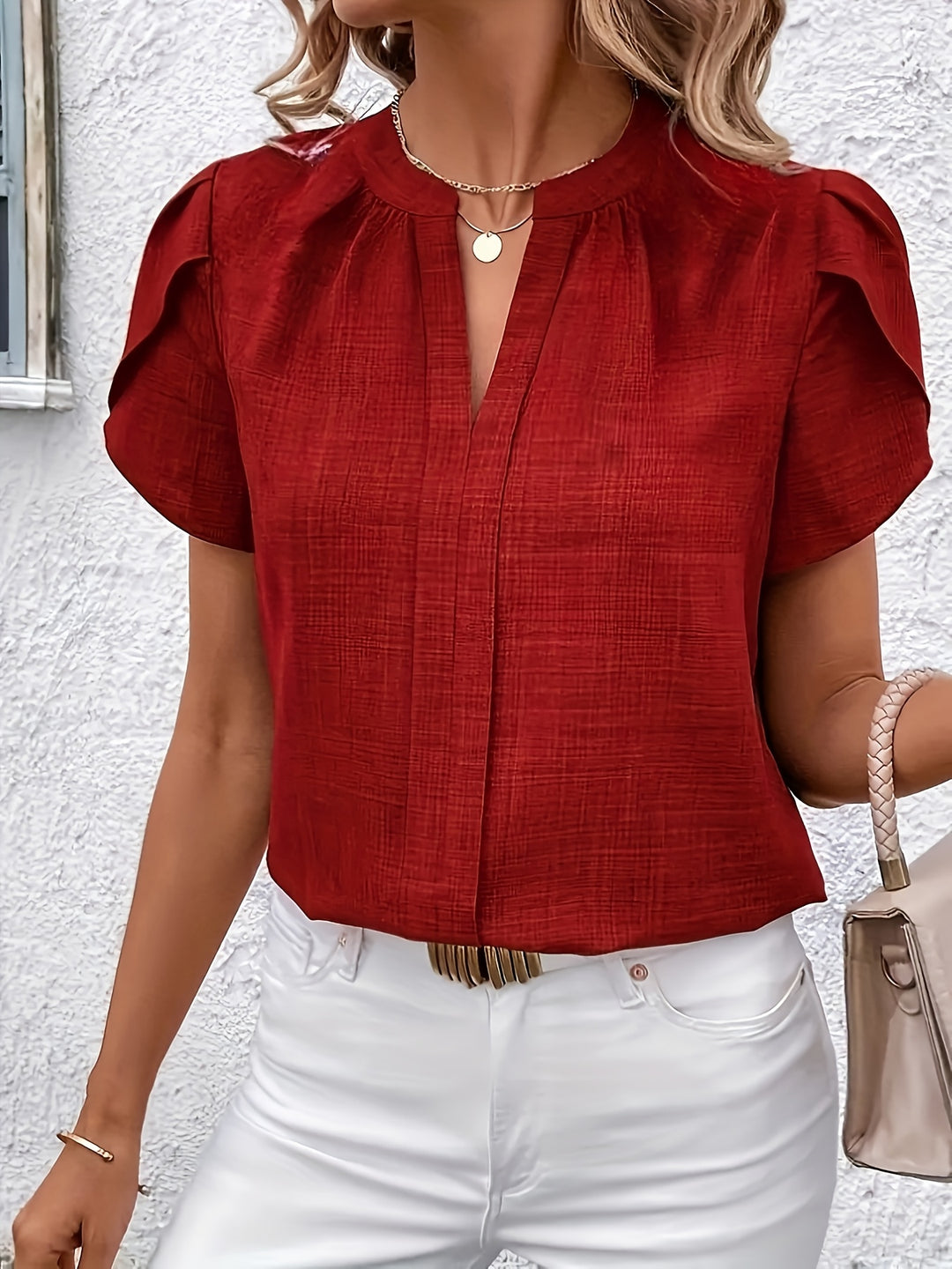 Women's Petal Sleeve Notched V-Neck Blouse